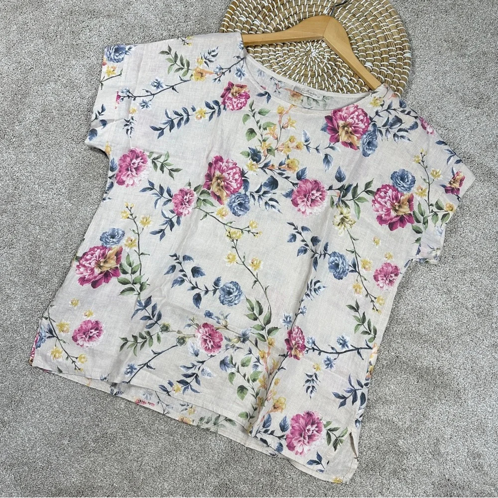 Bella Umbra 100% Linen Blouse Light Tan Floral Shortsleeve Made in Italy Size M